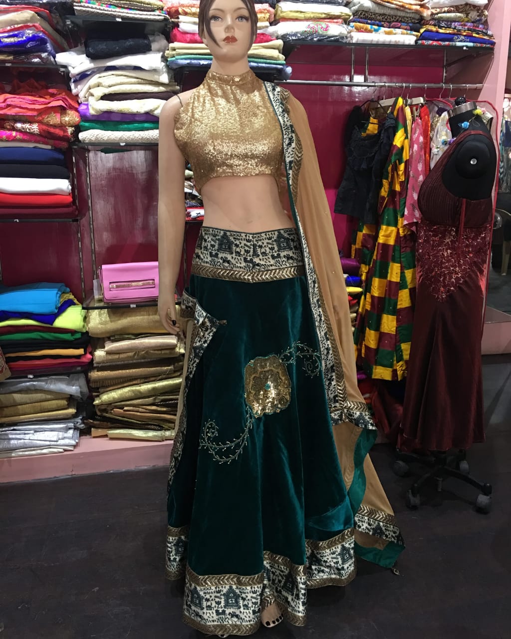 Emerald Green Velvet Lehenga with Golden Sequin Blouse & Embroidered Dupatta