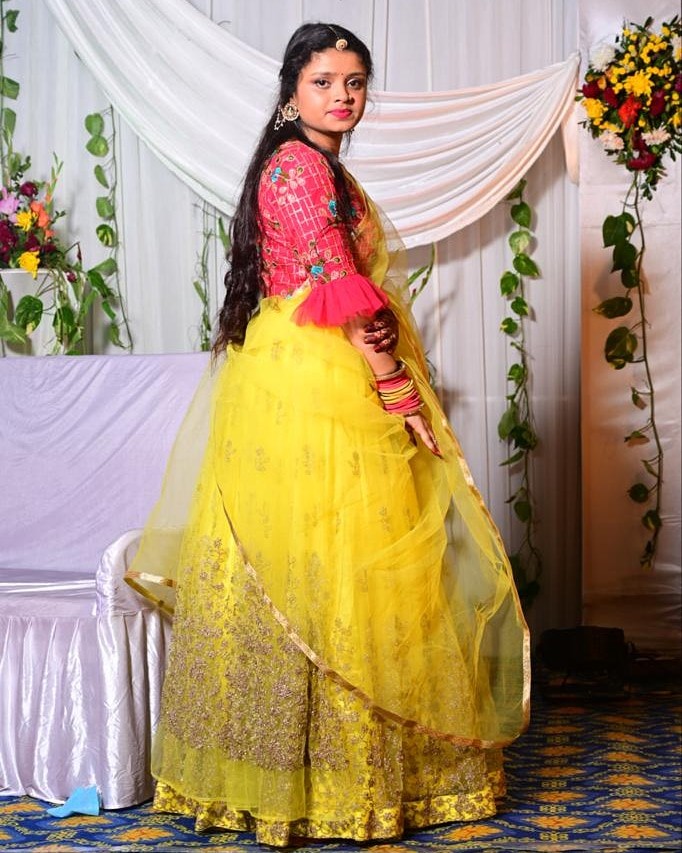 Yellow Net Embroidered Lehenga with Pink Embroidered Blouse & Dupatta