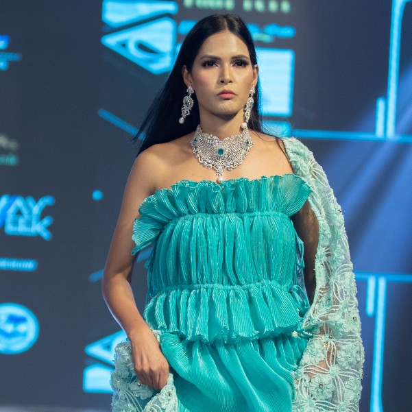 Aqua Blue Off-Shoulder Designer Gown with Textured Dupatta