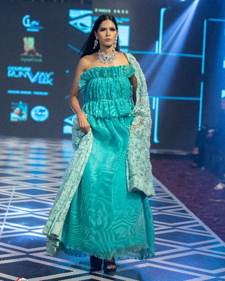 Aqua Blue Off-Shoulder Designer Gown with Textured Dupatta
