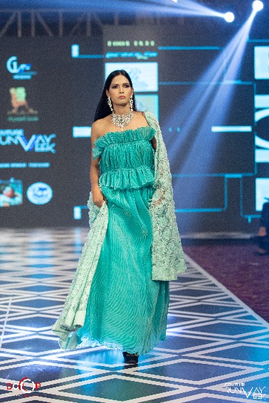 Aqua Blue Off-Shoulder Designer Gown with Textured Dupatta