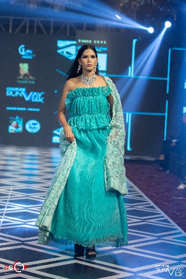 Aqua Blue Off-Shoulder Designer Gown with Textured Dupatta
