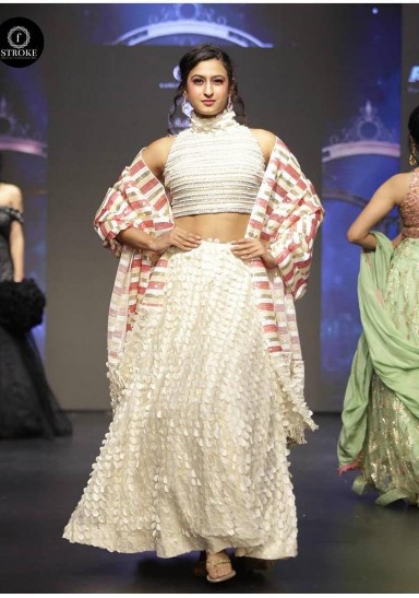 White Textured Lehenga Set with Striped Dupatta