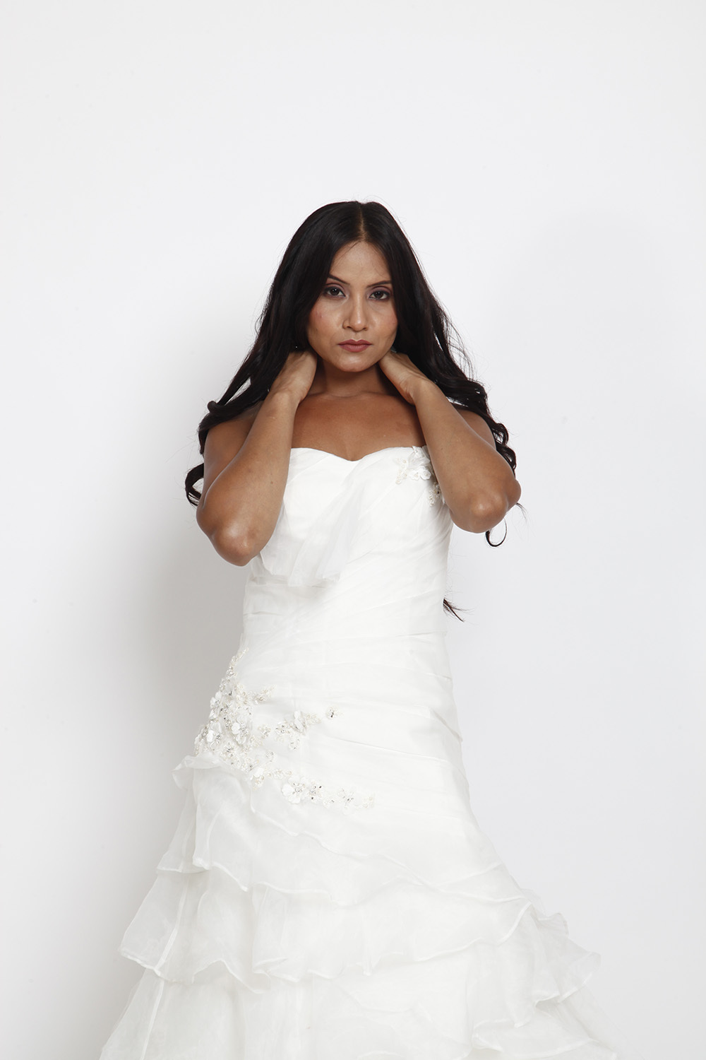 White Strapless Layered Wedding Gown with Floral Embellishments