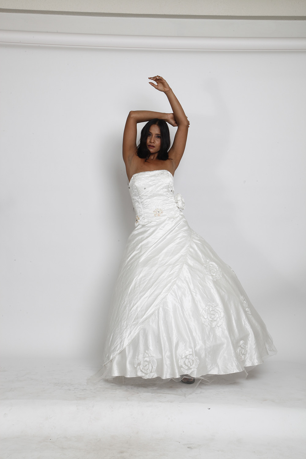 White Strapless Embroidered Ball Gown with Floral Motifs