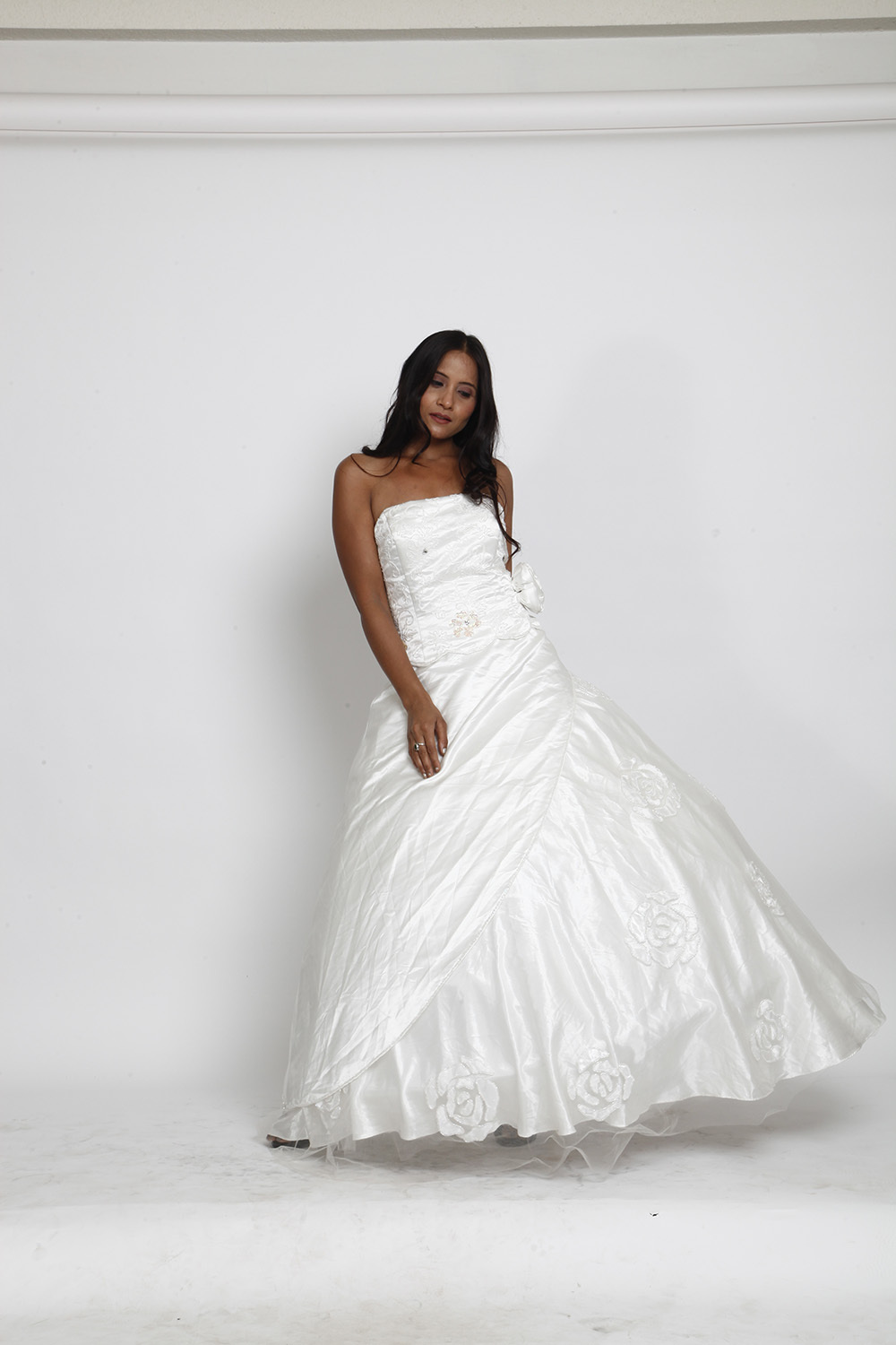 White Strapless Embroidered Ball Gown with Floral Motifs