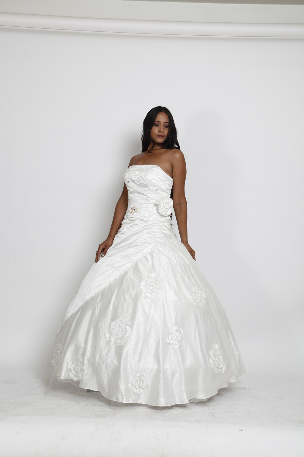 White Strapless Embroidered Ball Gown with Floral Motifs