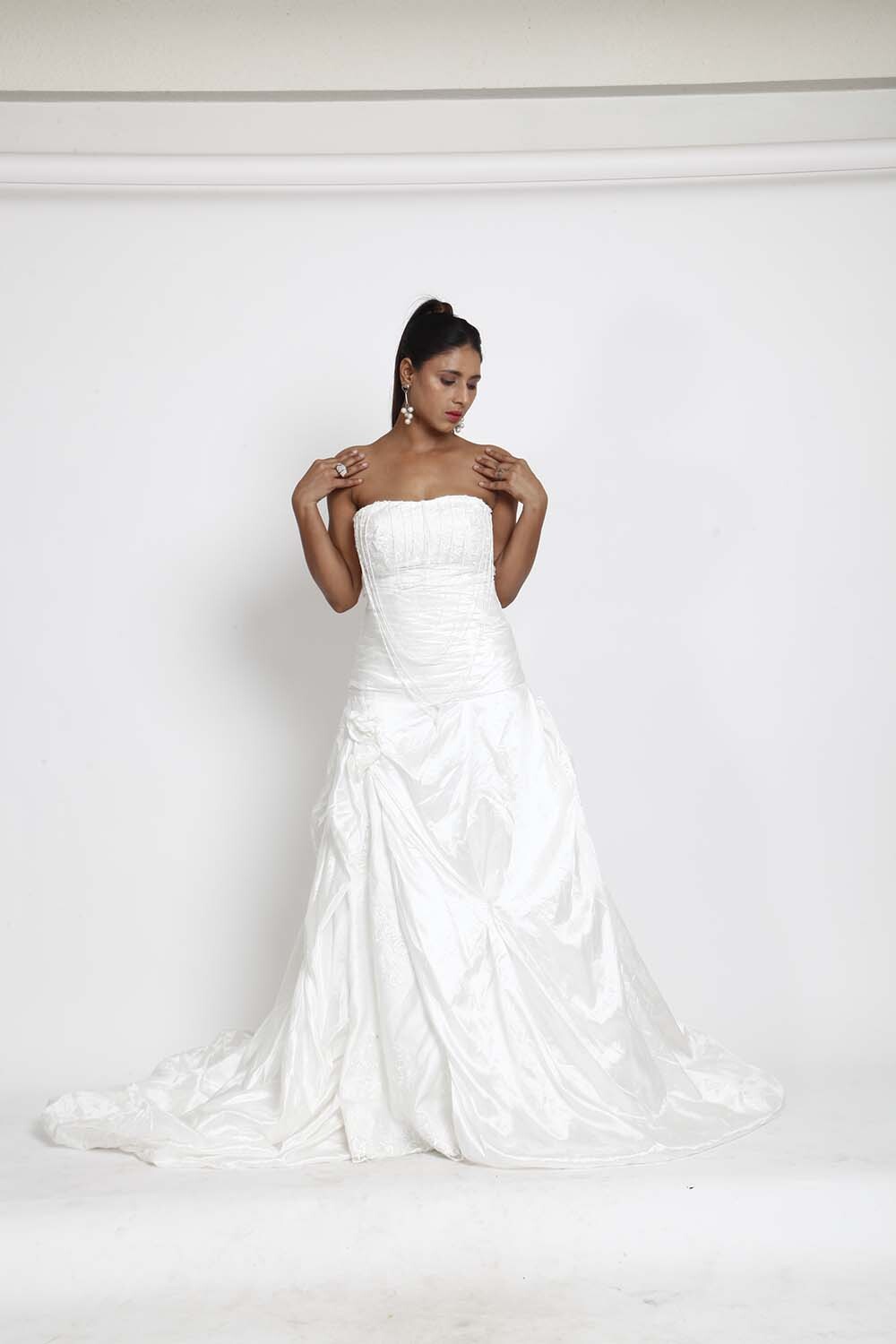 White Strapless Bridal Gown with Ruched Detailing