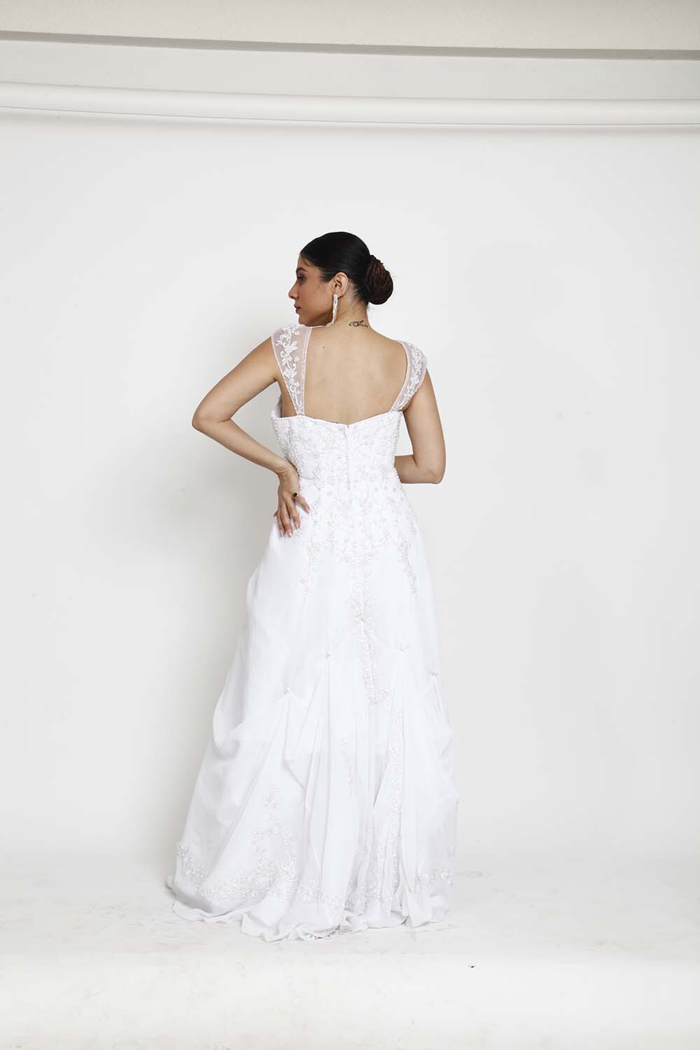 White Sleeveless Bridal Gown with Lace Straps and Embroidered Detailing