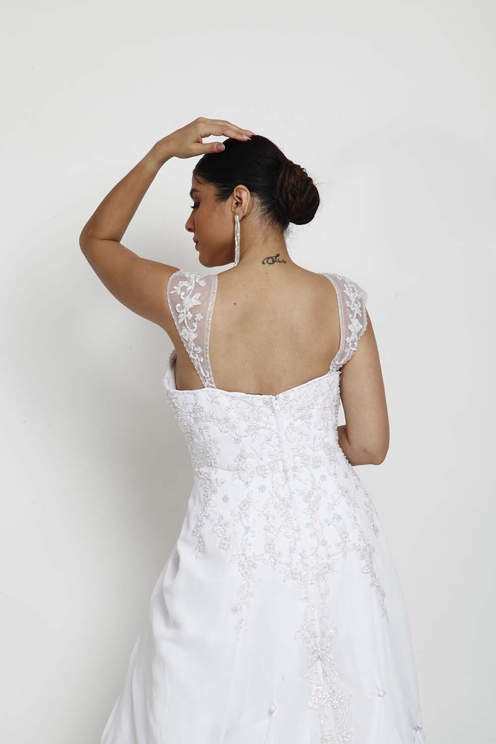 White Sleeveless Bridal Gown with Lace Straps and Embroidered Detailing