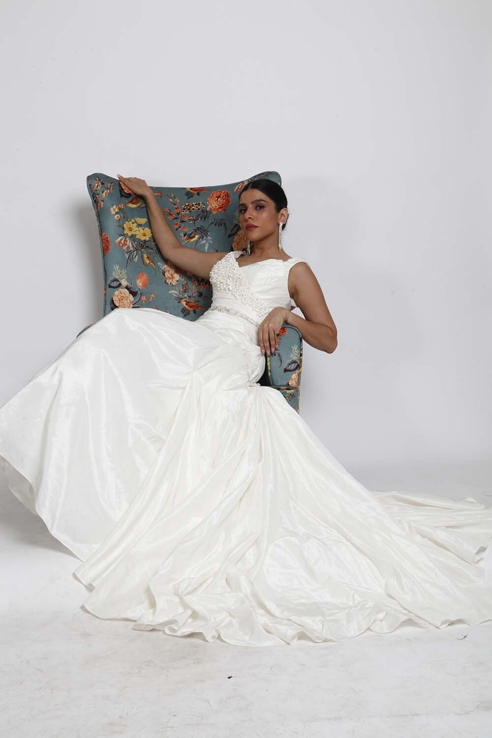 White Sleeveless Bridal Gown with Lace Straps and Embroidered Detailing