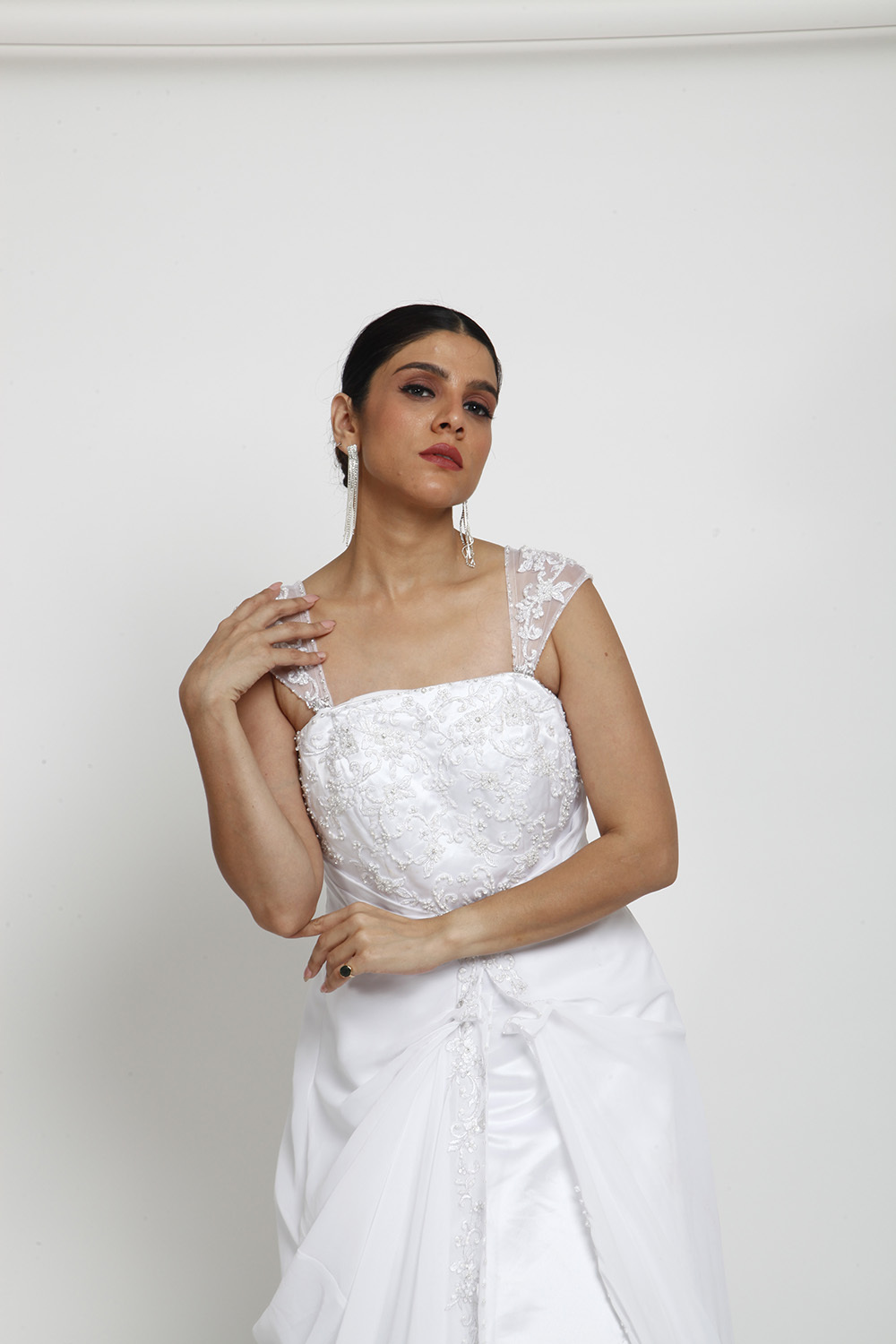 White Embroidered Bridal Gown with Sheer Straps