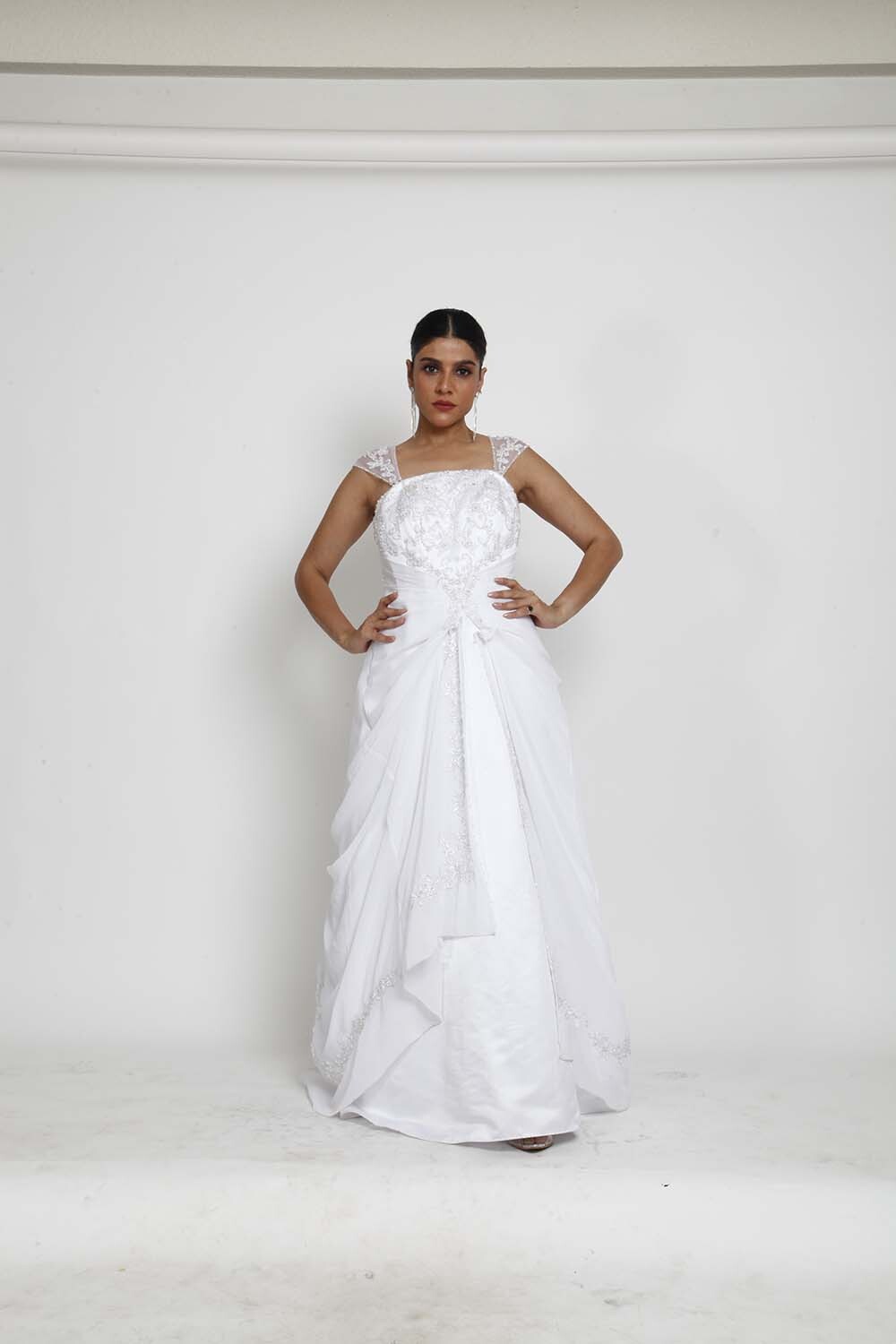 White Embroidered Bridal Gown with Sheer Straps