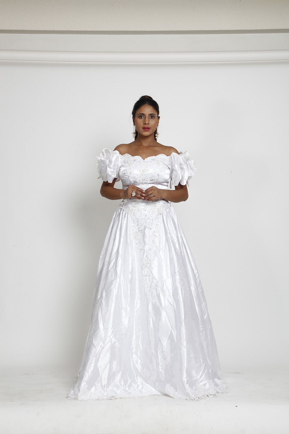 Elegant Off-Shoulder Puff Sleeve White Gown