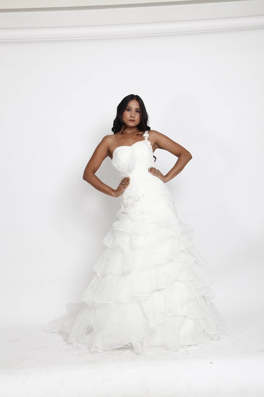 Strapless Ruffled Layered White Bridal Gown 