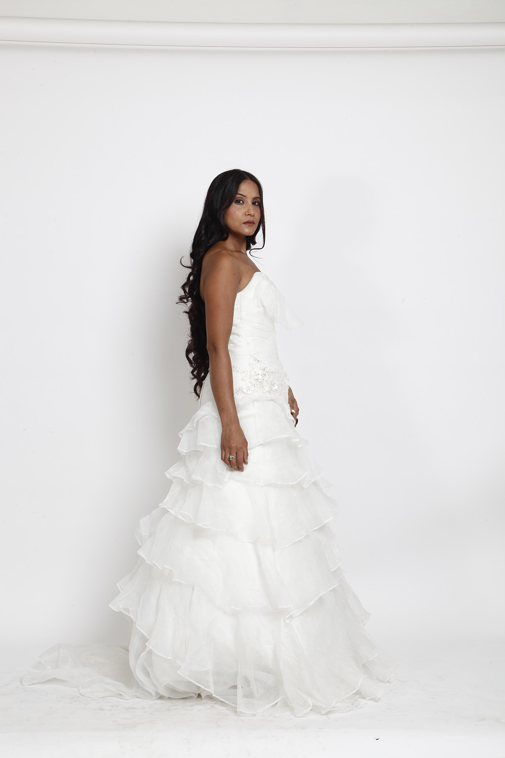 Strapless Ruffled Layered White Bridal Gown 