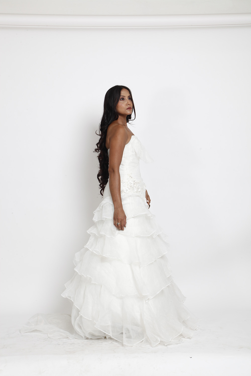 Strapless Ruffled Layered White Bridal Gown 