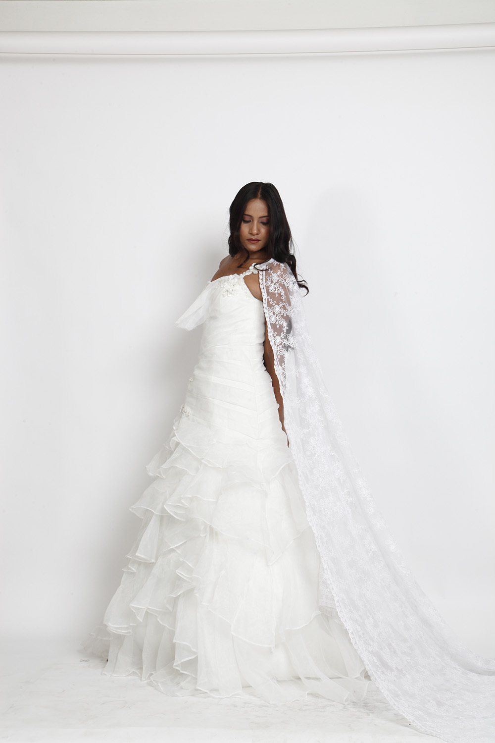 Strapless Ruffled Layered White Bridal Gown 