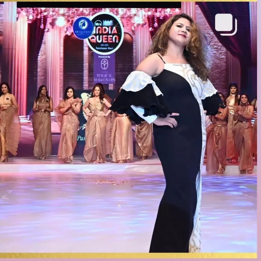 Black & White Contrast Designer Gown with Statement Sleeves