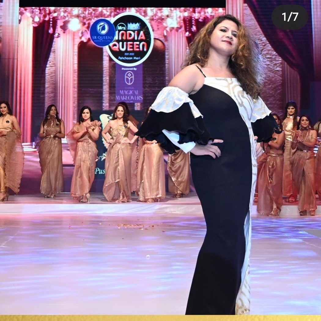 Black & White Contrast Designer Gown with Statement Sleeves