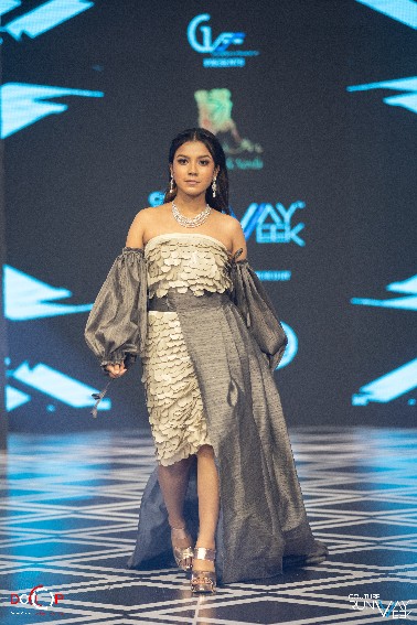 Metallic Grey Layered Strapless Gown with Dramatic Sleeves