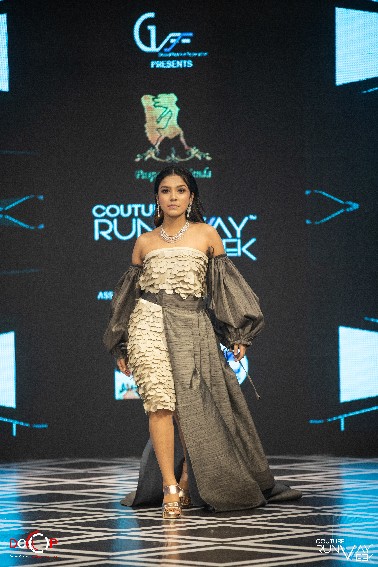 Metallic Grey Layered Strapless Gown with Dramatic Sleeves