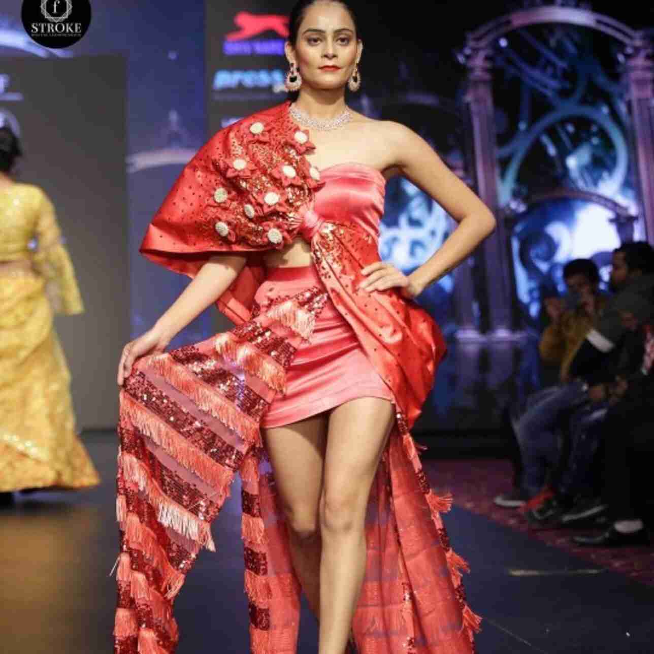 Scarlet Red Asymmetrical Couture Gown with 3D Floral & Fringe Detailing