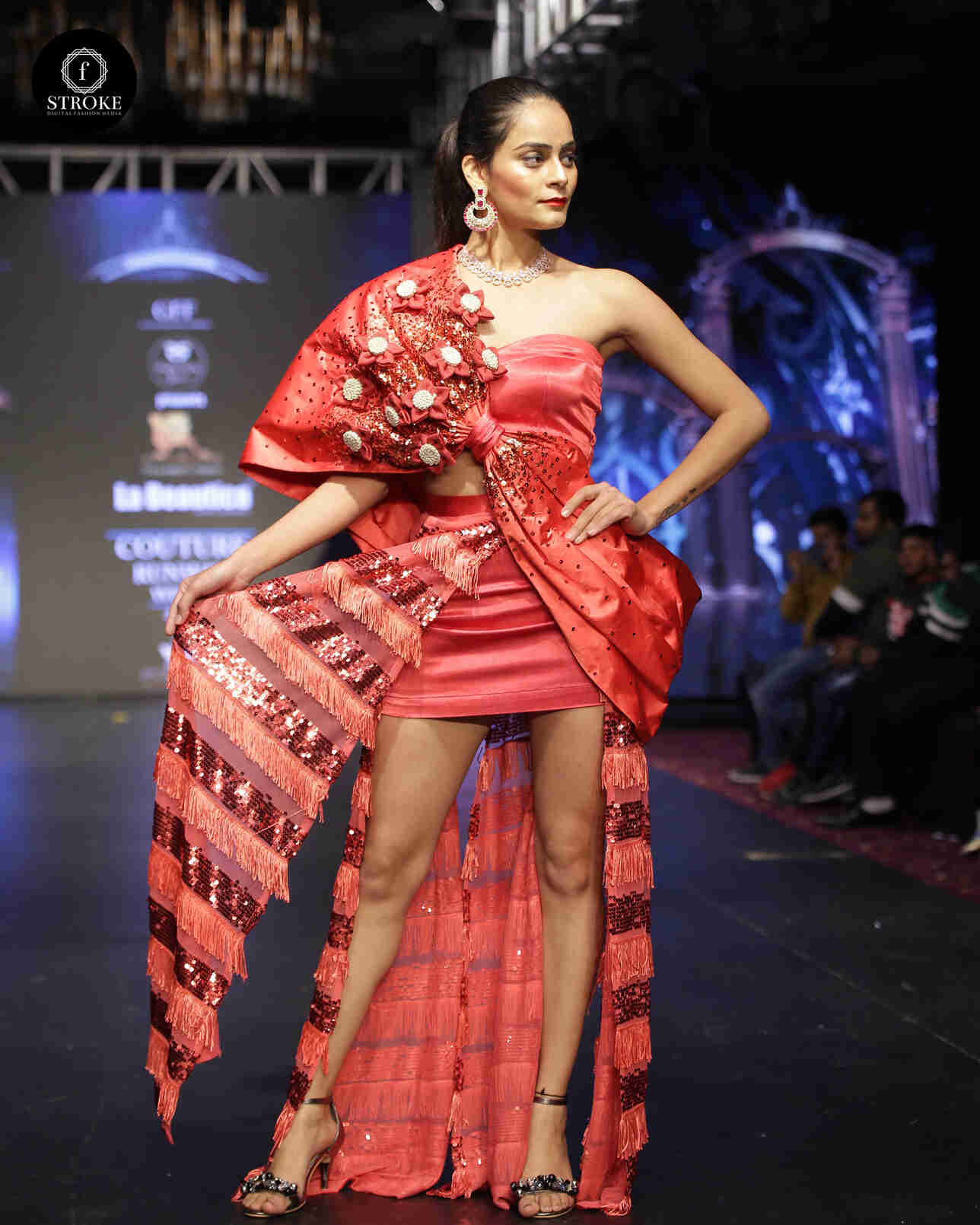Scarlet Red Asymmetrical Couture Gown with 3D Floral & Fringe Detailing