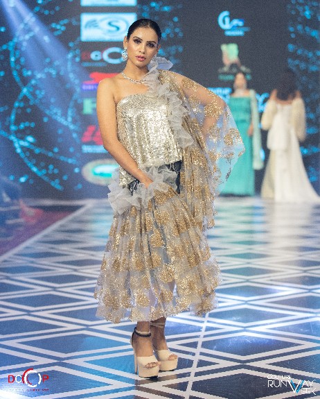 Designer One-Shoulder Indo-Western Cocktail Dress with Embroidered Cape