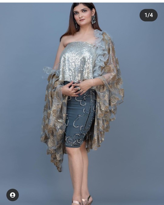 Designer One-Shoulder Indo-Western Cocktail Dress with Embroidered Cape