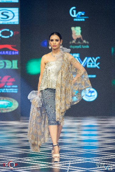 Designer One-Shoulder Indo-Western Cocktail Dress with Embroidered Cape