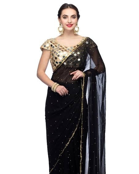 Black Georgette Saree with Golden Sequin Blouse & Border