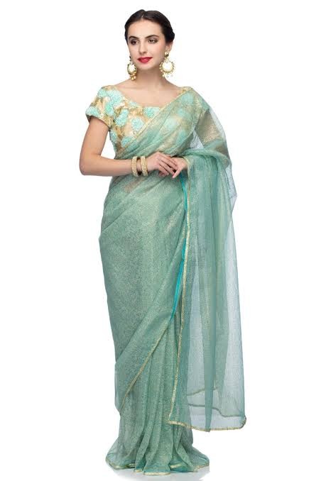Seafoam Green Designer Net Saree with Embroidered Blouse
