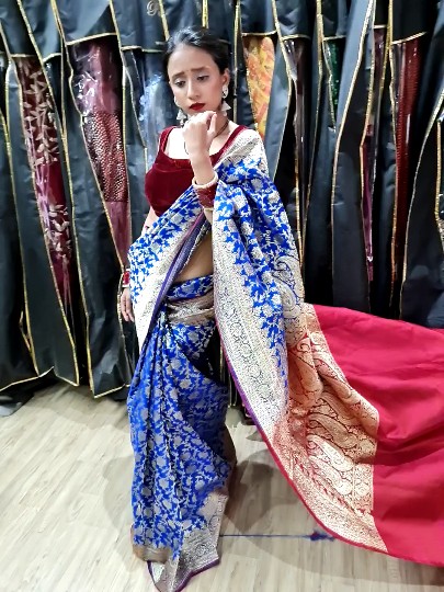 Royal Blue Banarasi Silk Saree with Crimson Velvet Blouse