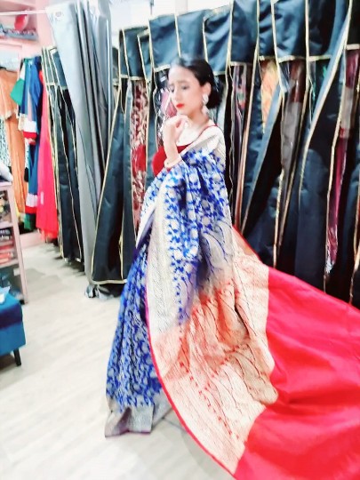 Royal Blue Banarasi Silk Saree with Crimson Velvet Blouse