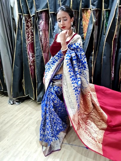 Royal Blue Banarasi Silk Saree with Crimson Velvet Blouse