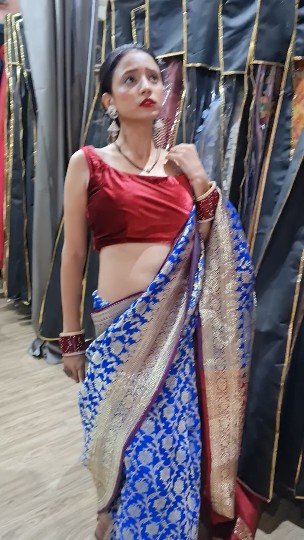 Royal Blue Banarasi Silk Saree with Crimson Velvet Blouse