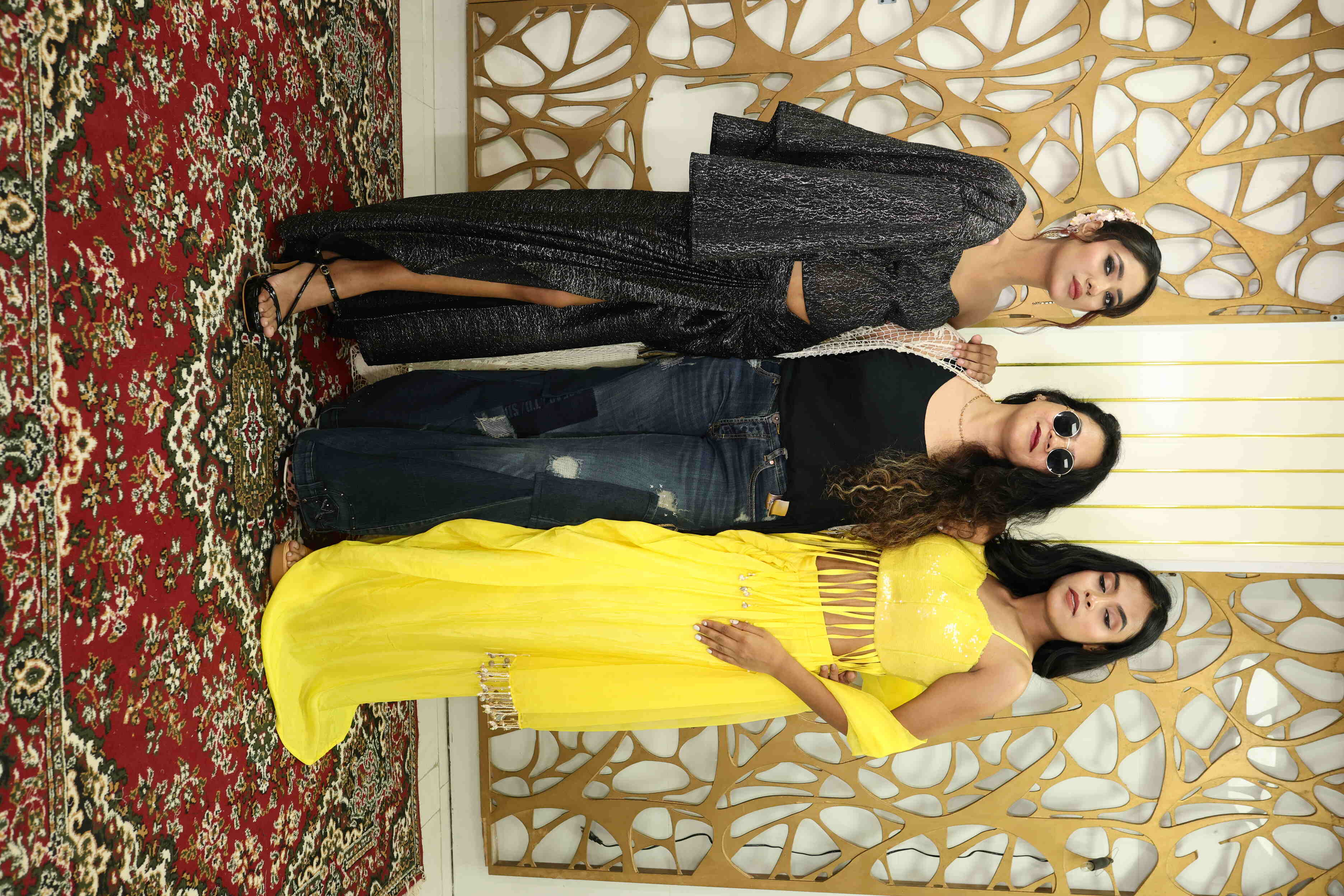 Yellow Sequin Fringe Crop Top with Drape Skirt Set