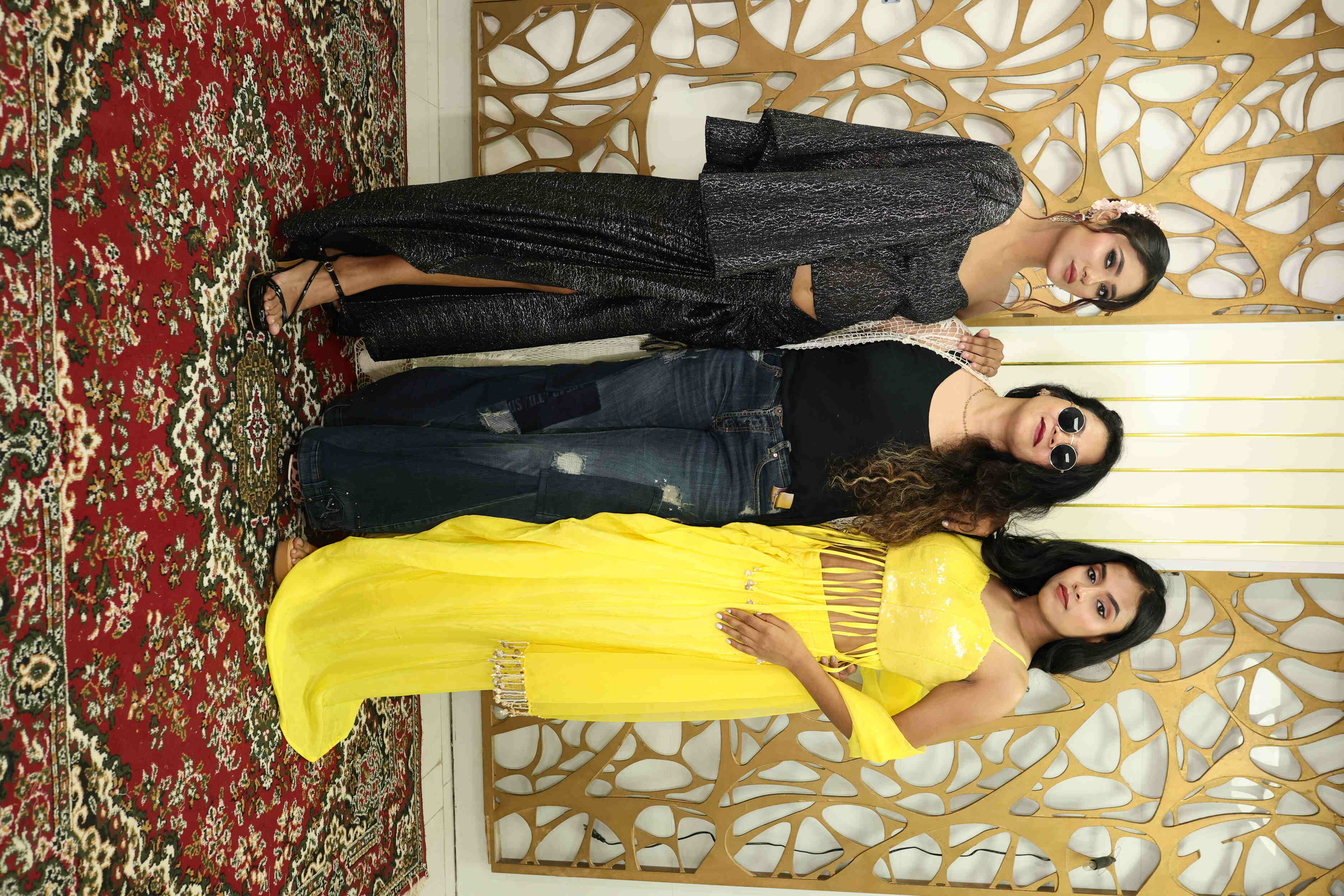 Yellow Sequin Fringe Crop Top with Drape Skirt Set