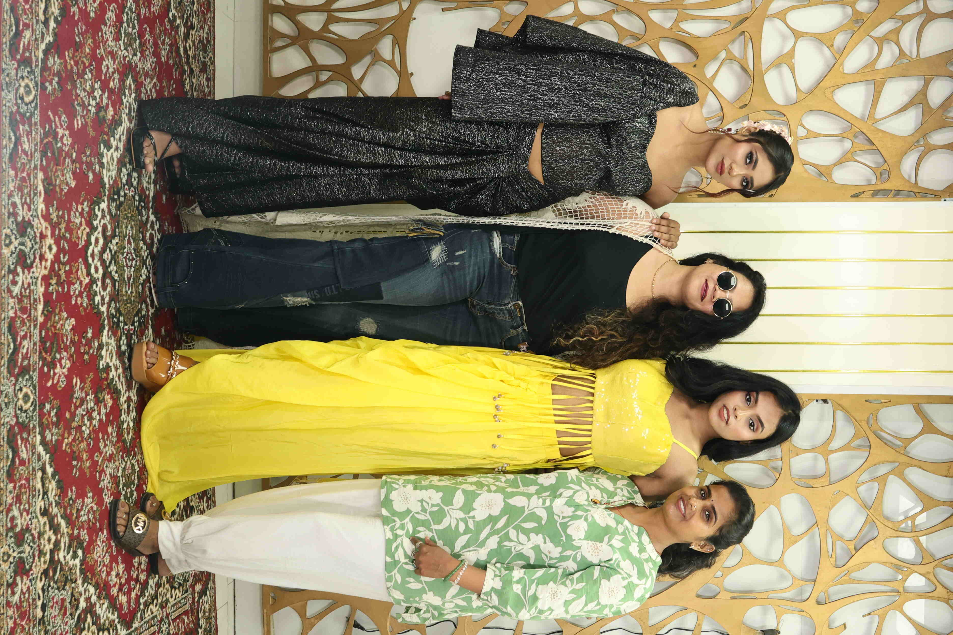 Yellow Sequin Fringe Crop Top with Drape Skirt Set