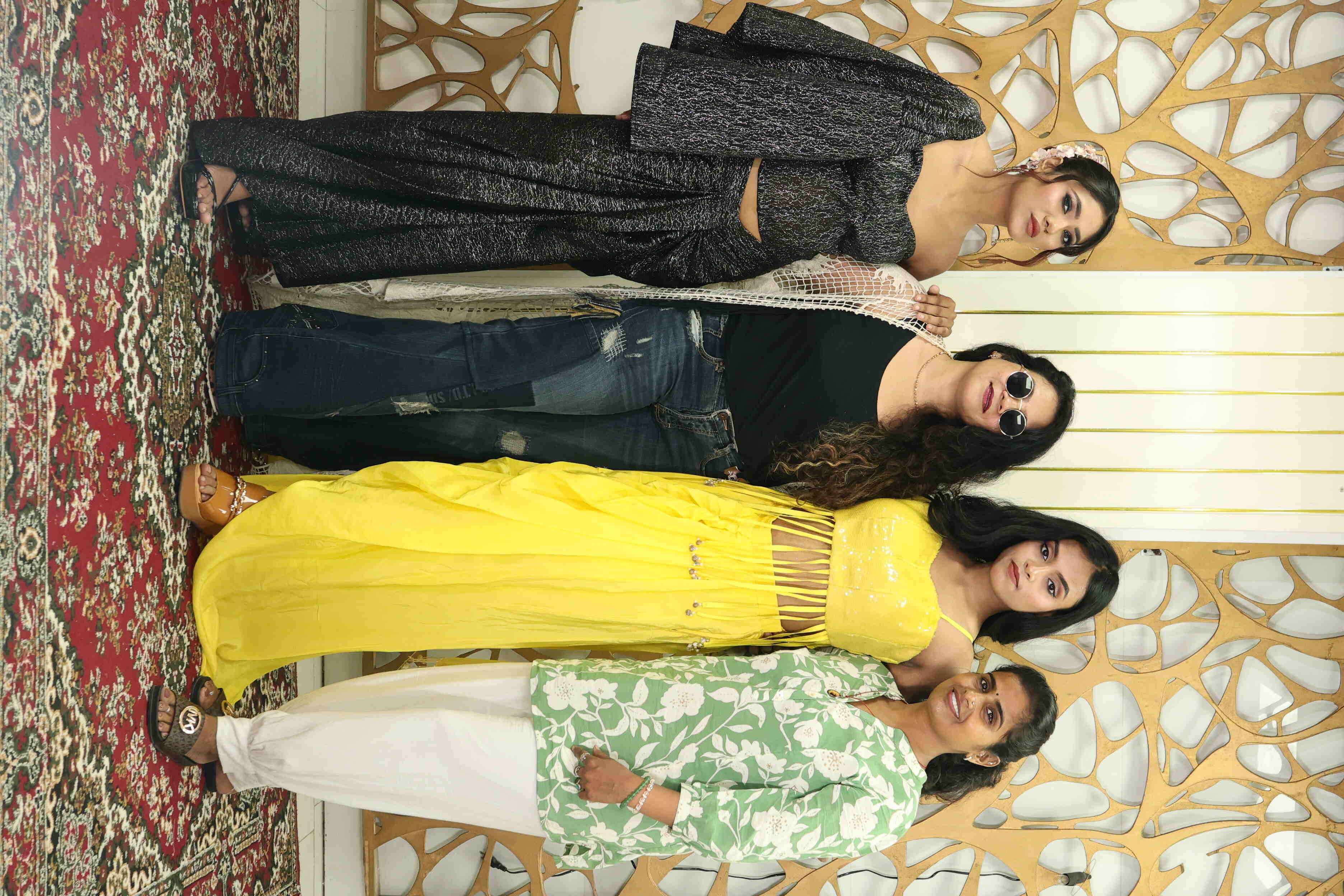 Yellow Sequin Fringe Crop Top with Drape Skirt Set