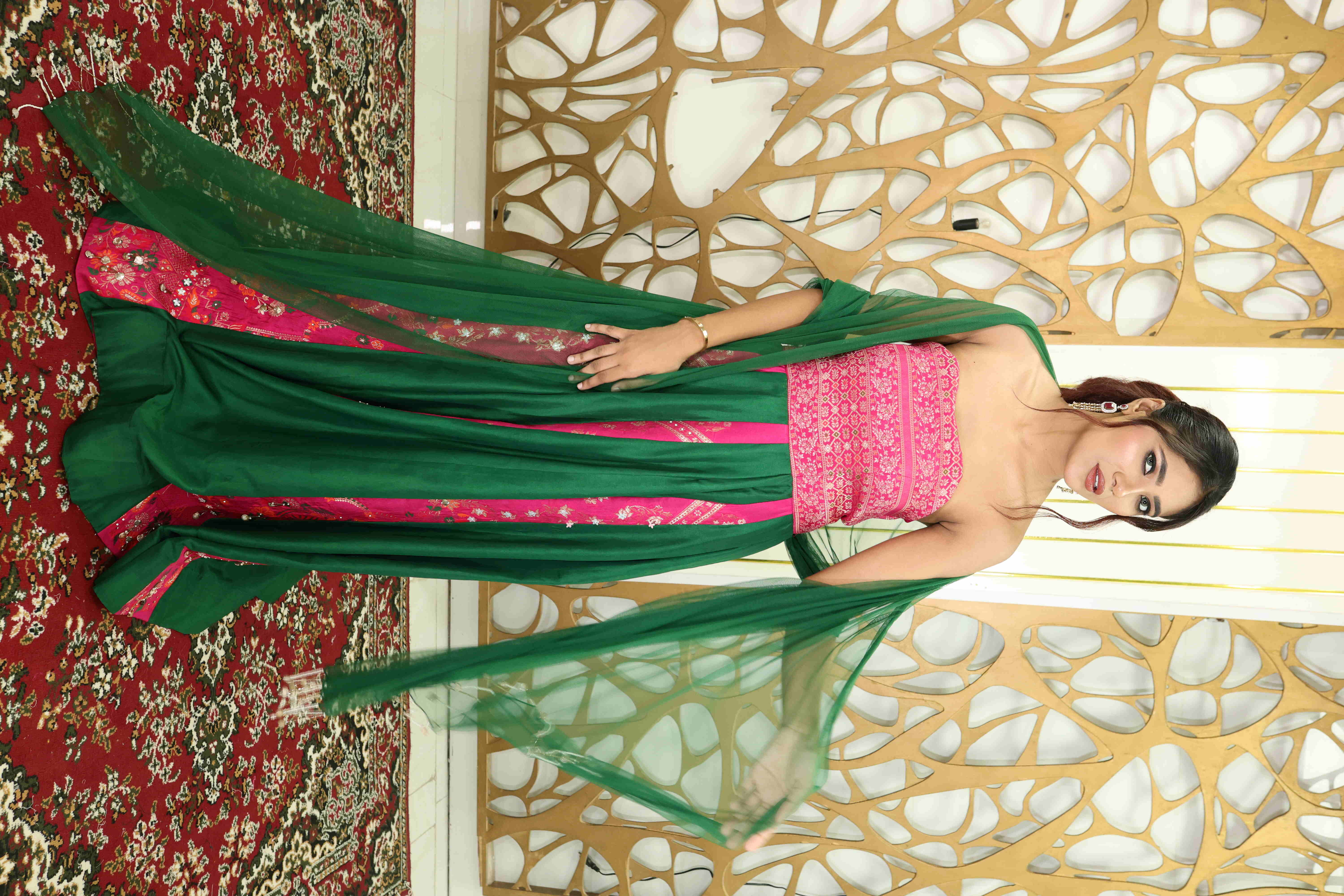 Designer Green & Pink Embroidered Anarkali Suit with Dupatta