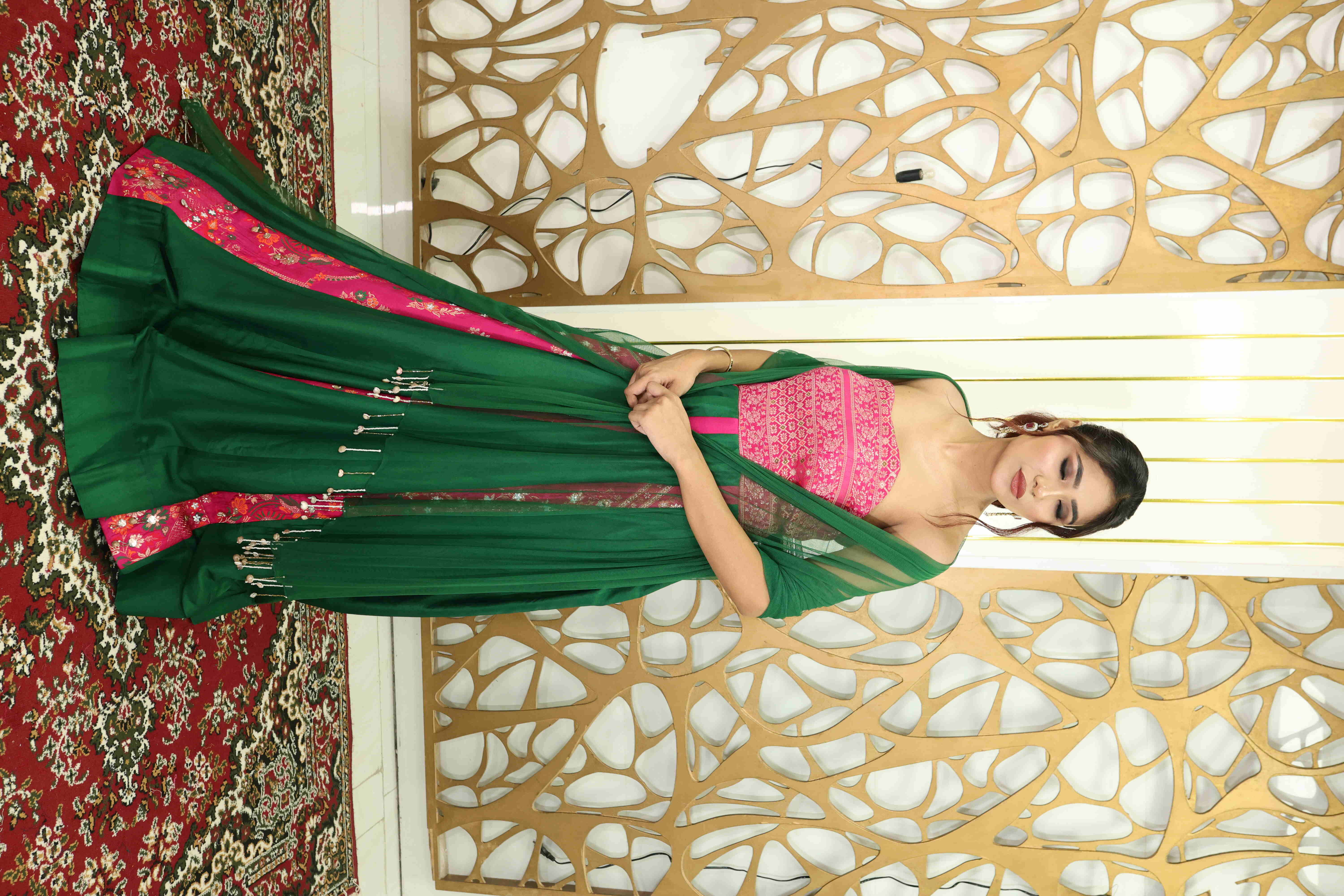 Designer Green & Pink Embroidered Anarkali Suit with Dupatta