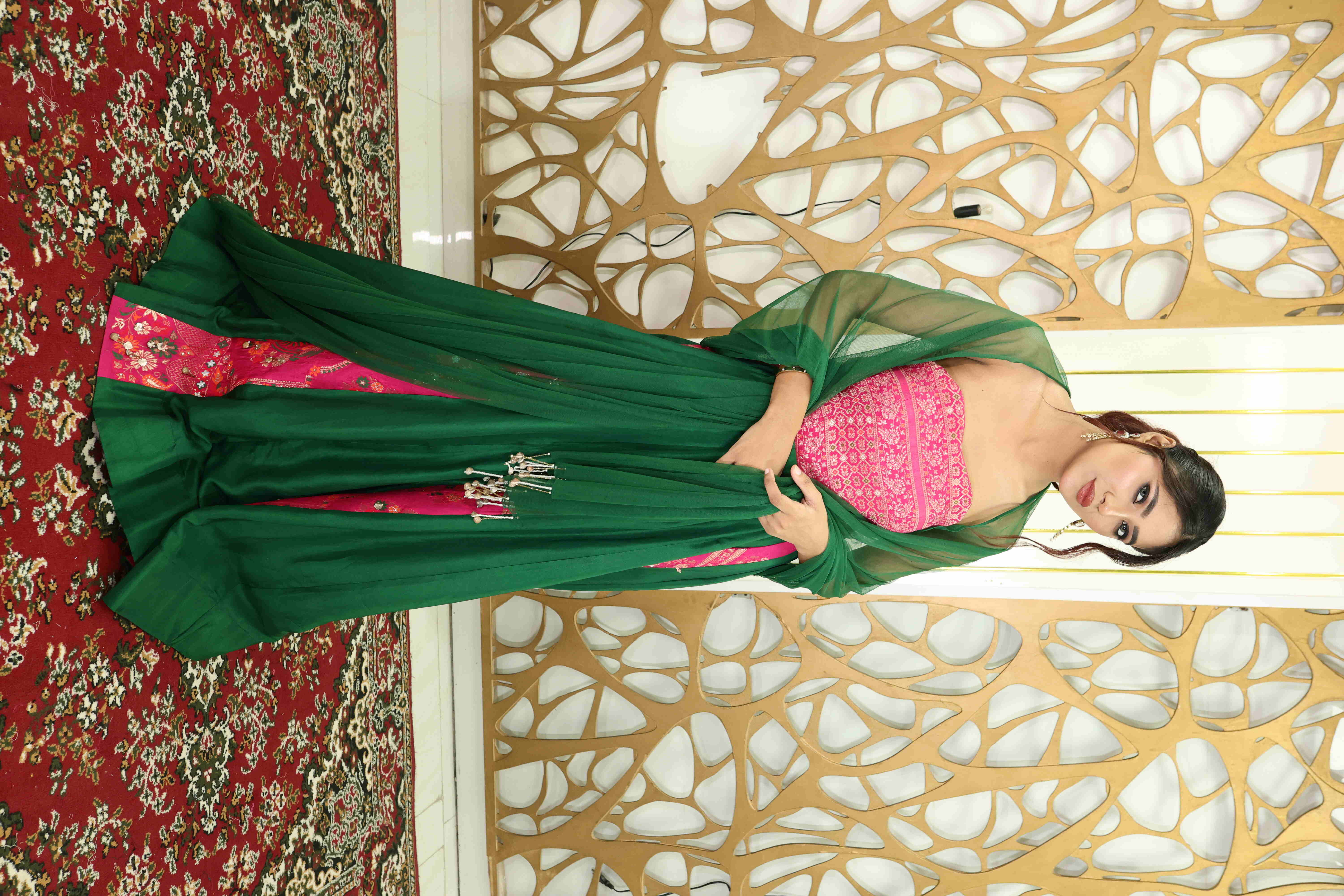 Designer Green & Pink Embroidered Anarkali Suit with Dupatta