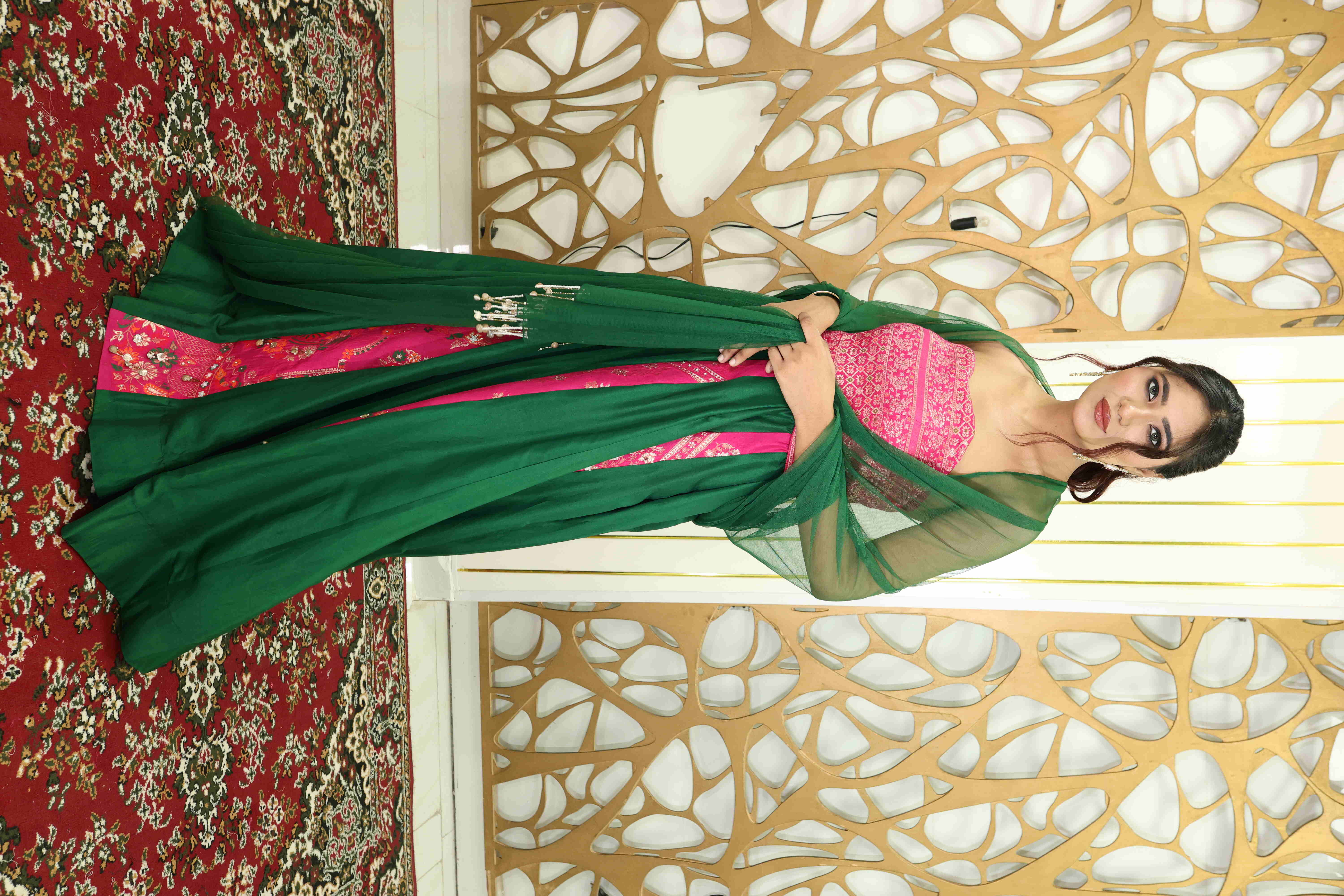 Designer Green & Pink Embroidered Anarkali Suit with Dupatta