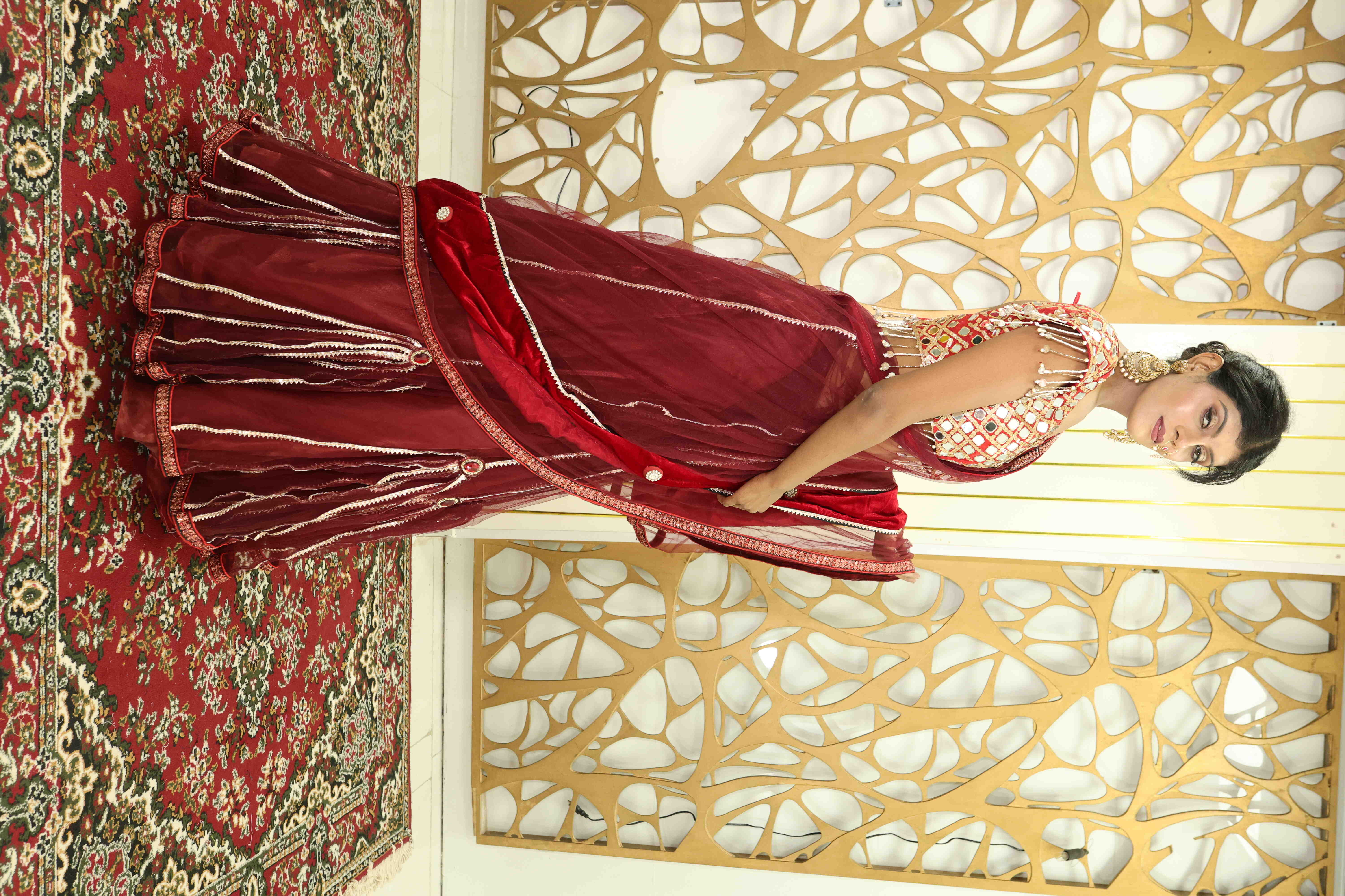 Designer Red Mirror Work Lehenga Choli with Dupatta