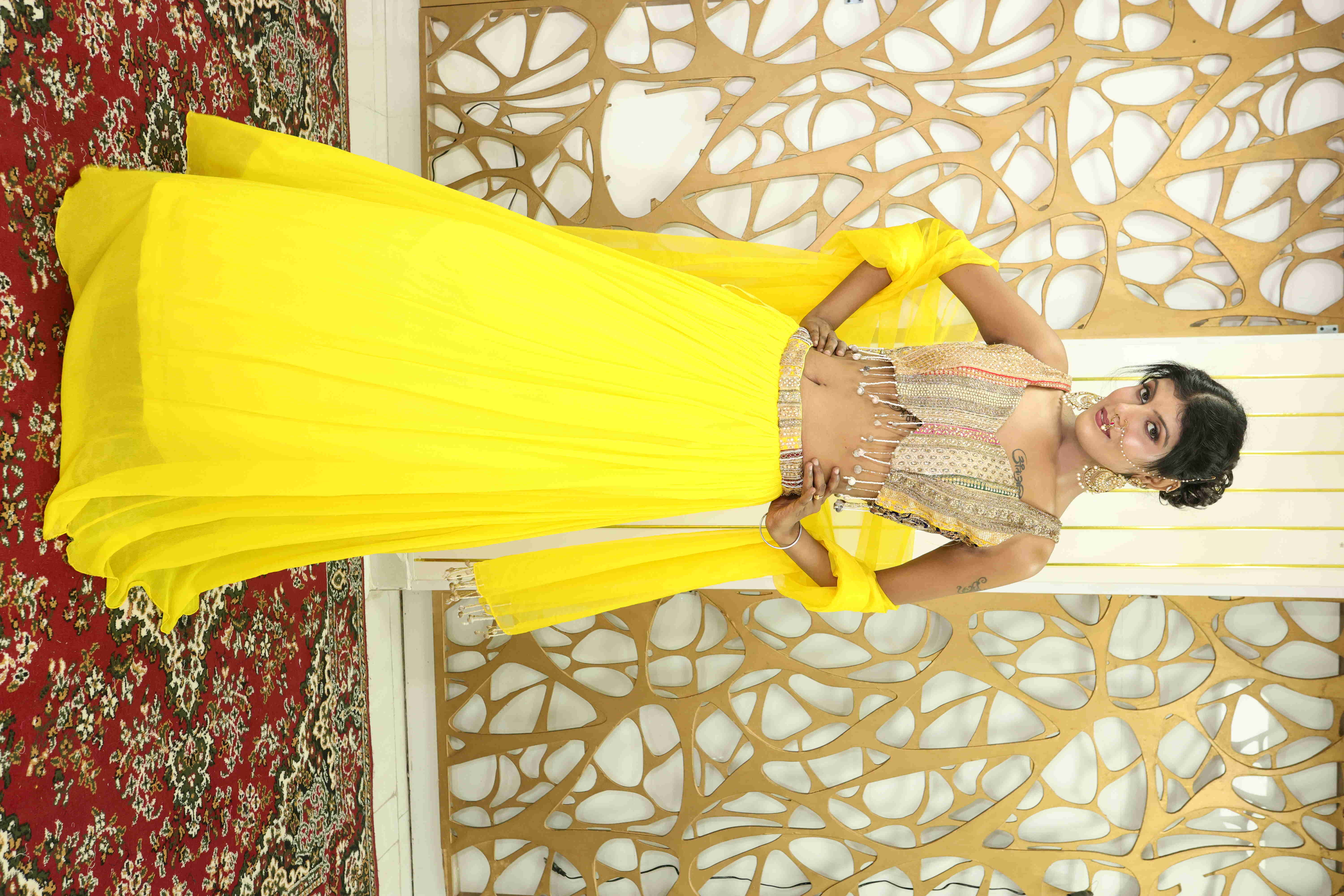 Designer Yellow Lehenga Choli with Golden Embroidered Blouse & Dupatta