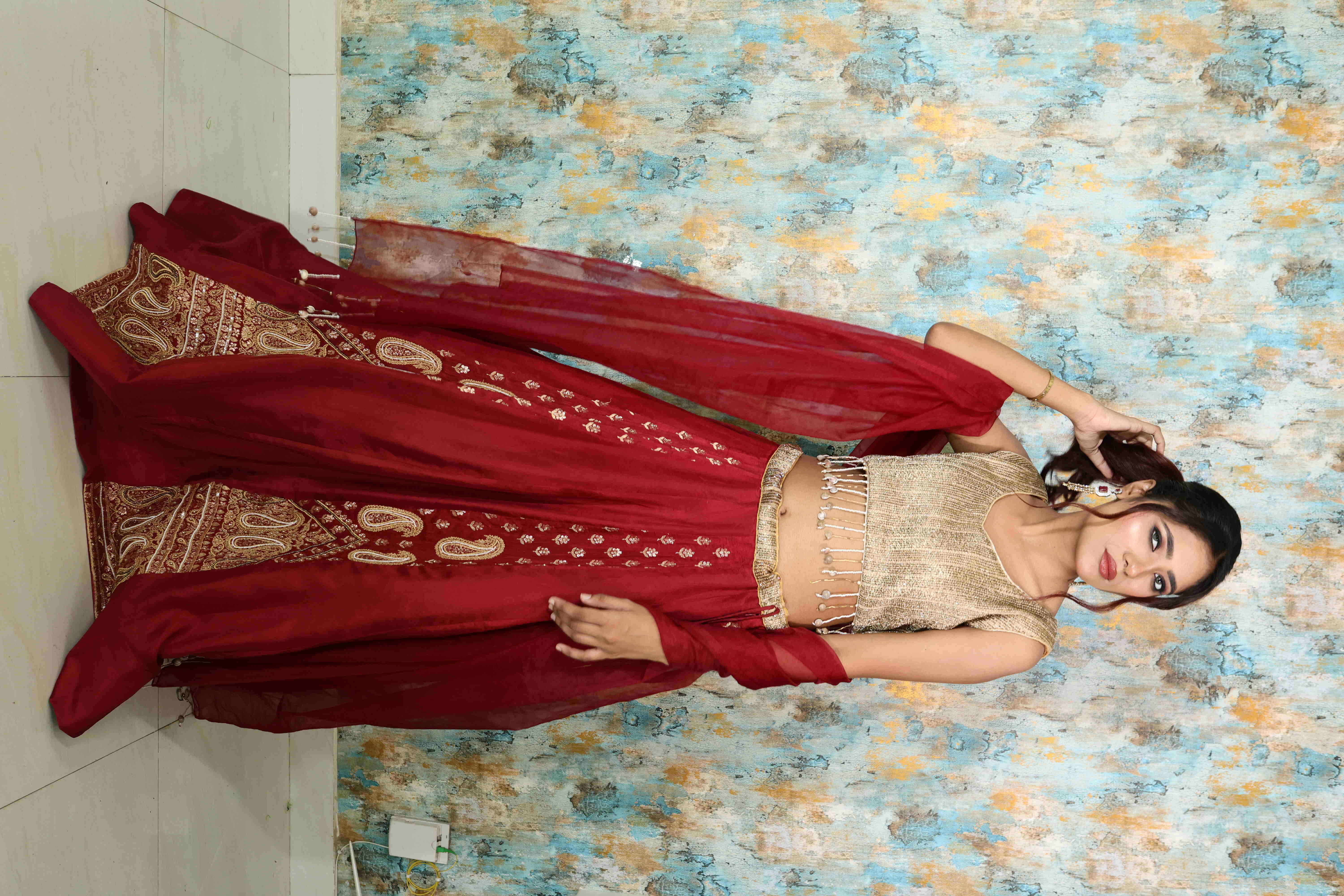 Designer Maroon & Golden Embroidered Lehenga Choli with Dupatta